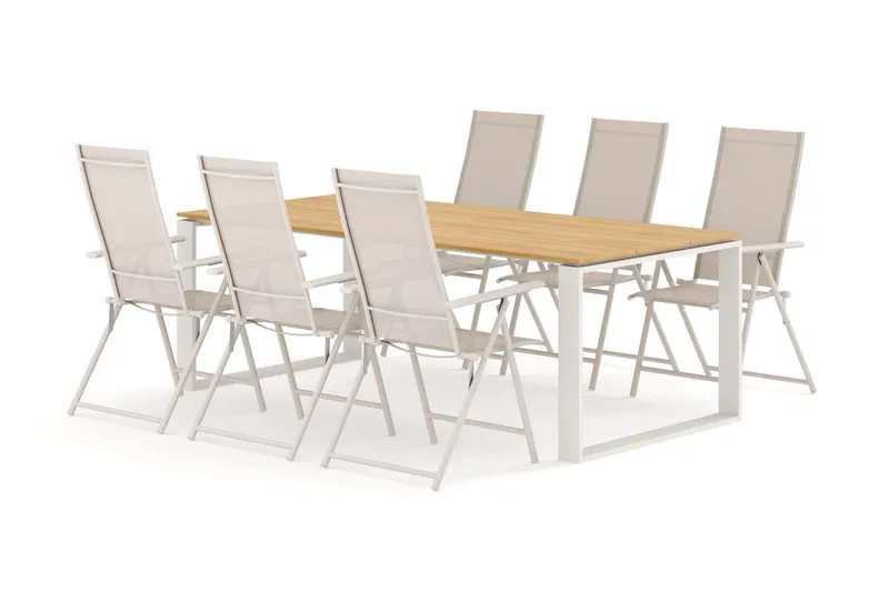 Devon utomhus matgrupp 210x100 cm med 6 Sanna positionsstolar - Beige/Teak — Comfort Garden
