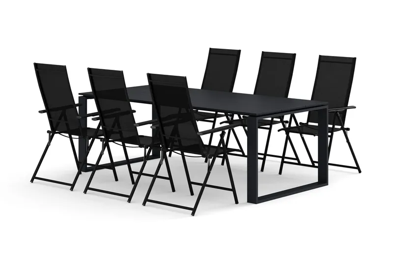 Devon utomhus matgrupp 210x100 cm med 6 Sanna positionsstolar - Svart — Comfort Garden