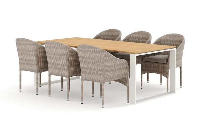Devon utomhus matgrupp 210x100 cm med 6 Thor fåtöljer - Beige/Teak (Art.nr 3117309) — Comfort Garden