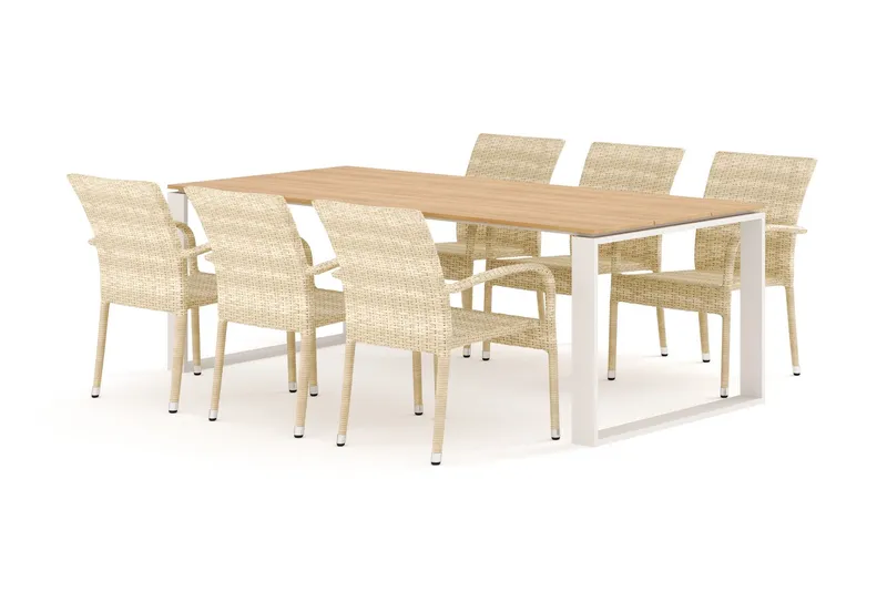 Devon utomhus matgrupp 210x100 cm med 6 Thor Light utefåtöljer - Beige/Teak — Comfort Garden