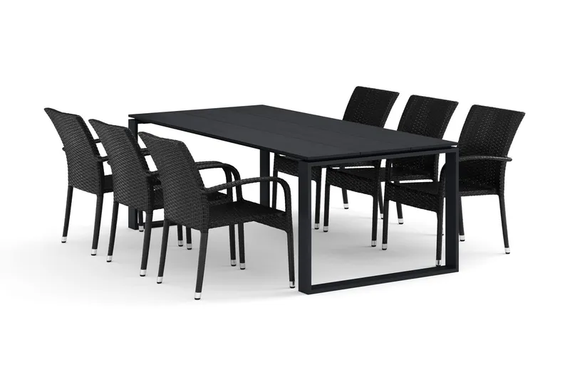 Devon utomhus matgrupp 210x100 cm med 6 Thor Light utefåtöljer - Svart — Comfort Garden