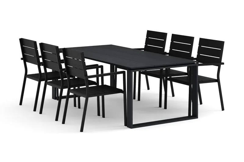 Devon utomhus matgrupp 210x100 cm med 6 Tunis stapelstolar - Svart — Comfort Garden