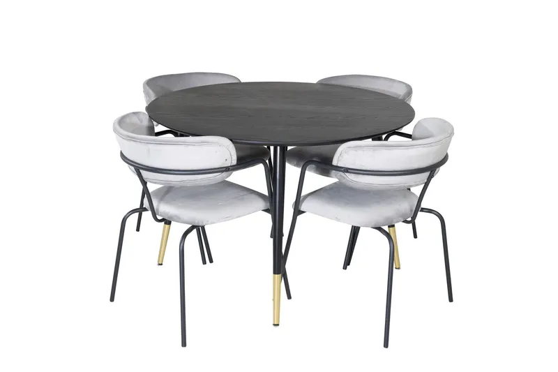 Dipp Matgrupp 115 cm Rund med 4 Arrow stolar - Svart/Guld — Venture Home