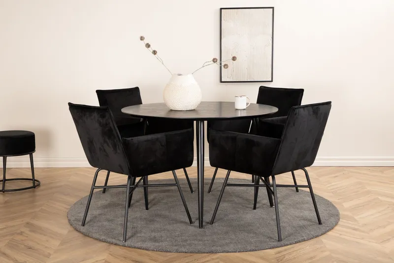 Dipp Matgrupp 115 cm Rund med 4 Petra stolar - Svart — Venture Home