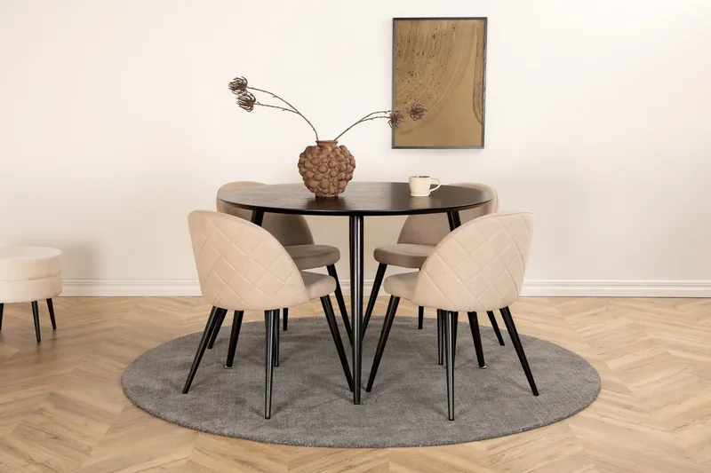 Dipp Matgrupp 115 cm Rund med 4 Velvet stolar - Beige (Art.nr 3058799) — Venture Home