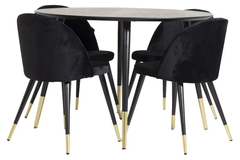 Dipp Matgrupp 115 cm Rund med 4 Velvet stolar - Svart/Guld (Art.nr 3059782) — Venture Home
