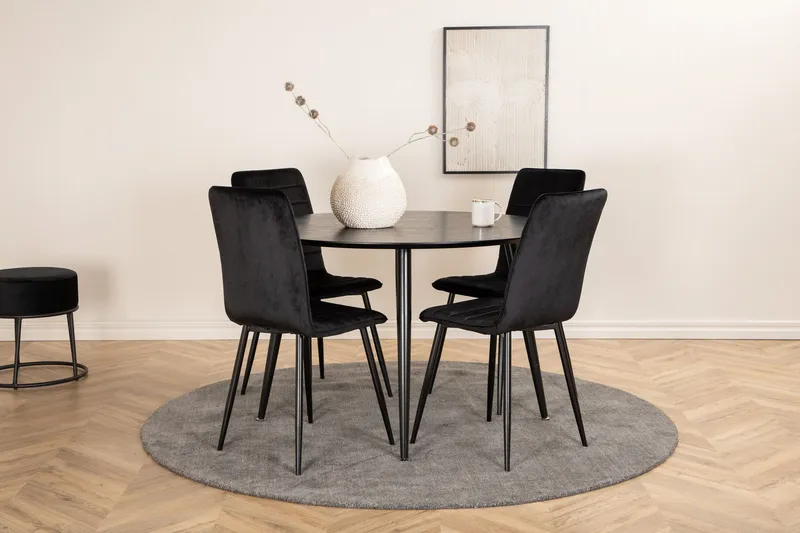 Dipp Matgrupp 115 cm Rund med 4 Windu Lyx stolar - Svart — Venture Home