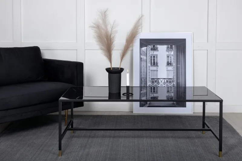 Dipp Soffbord 130 cm Marmormönster - Glas/Svart/Mässing — Venture Home