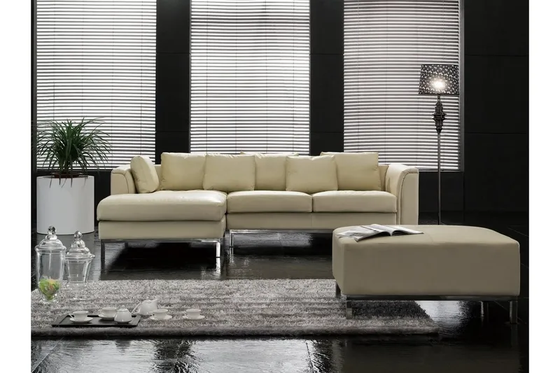 Dugard Hörnsoffa Höger + Fotpall - Beige/Läder — Beige/Läder