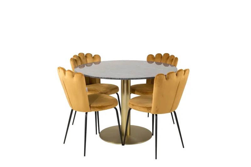 Estelle Matgrupp 106 cm Rund med 4 Limhamn stolar - Svart/Guld (Art.nr 3058726) — Venture Home