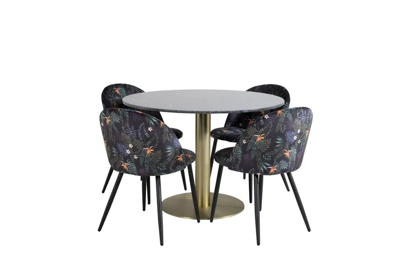 Estelle Matgrupp 106 cm Rund med 4 Velvet stolar - Svart/Guld (Art.nr 3058743) — Venture Home