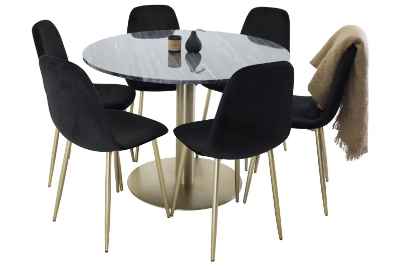 Estelle Matgrupp 106 cm Rund med 6 Polar stolar - Svart/Guld — Venture Home