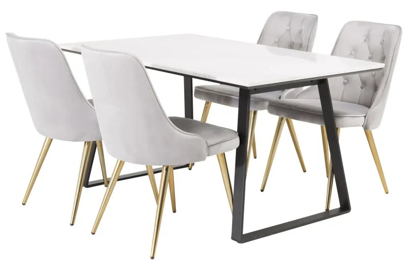 Estelle Matgrupp 140 cm Rektangulär med 4 Velvet stolar - Svart/Guld — Venture Home