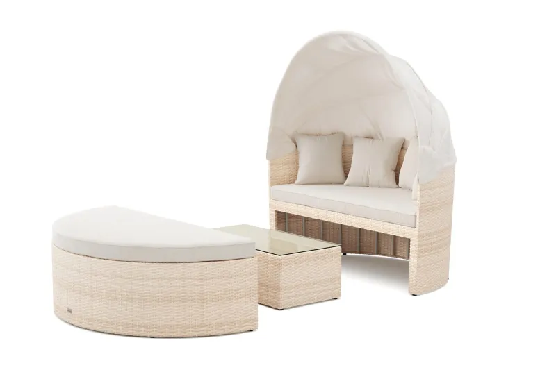 Florens Rund dubbel Solsäng med tak - Soffbord med glasskiva i konstrotting - Beige — Beige