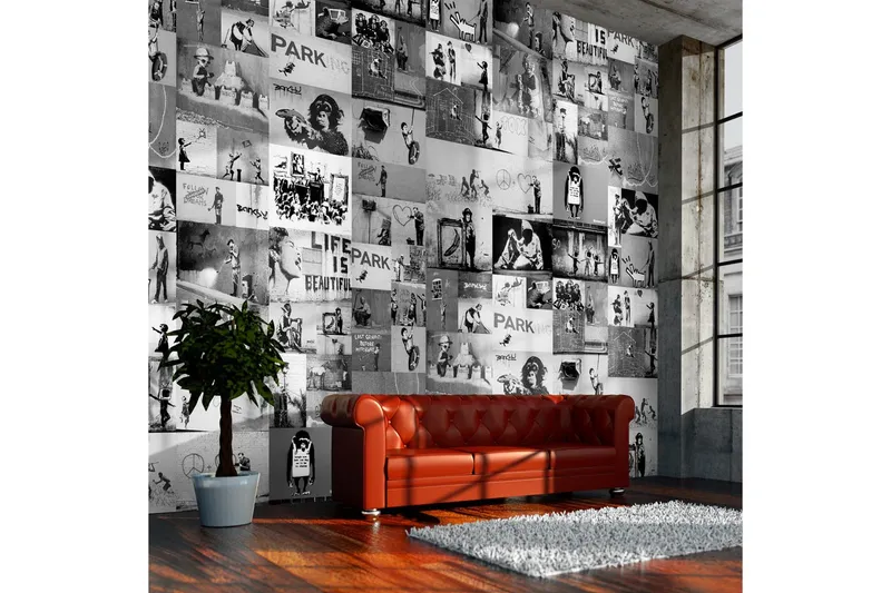 Fototapet Banksy Grey Collage 50x1000 - Artgeist sp. z o. o. — Artgeist sp. z o. o.
