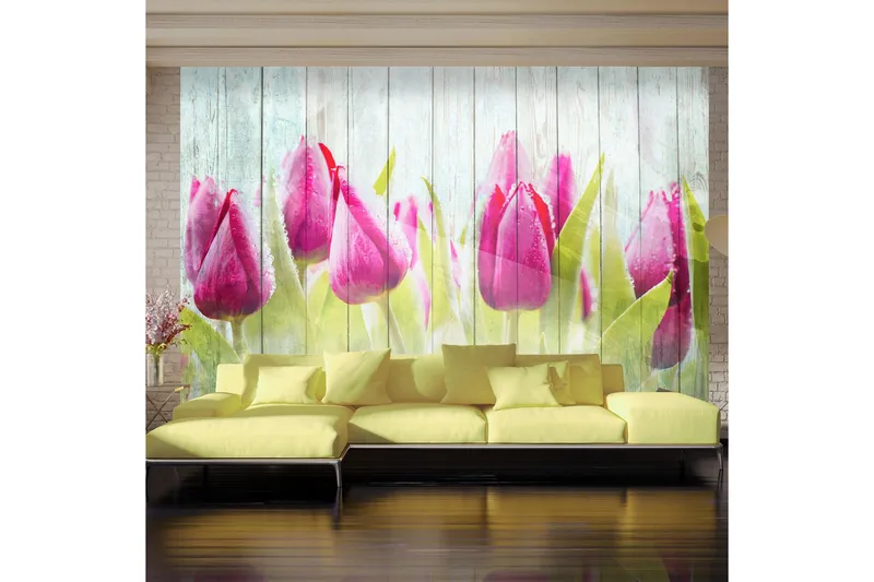 Fototapet Tulips On White Wood 400x280 - Artgeist sp. z o. o. — Artgeist sp. z o. o.