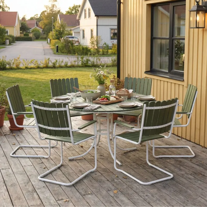 Glänta rund matgrupp utomhus | 6 stolar & Ø135 cm bord | Grön/vit — outl1.se