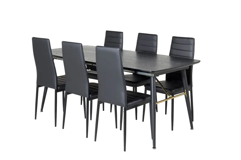 Gold Matgrupp Förlängningsbar 180-220 cm Rektangulär med 6 Slim stolar - Svart/Guld — Venture Home