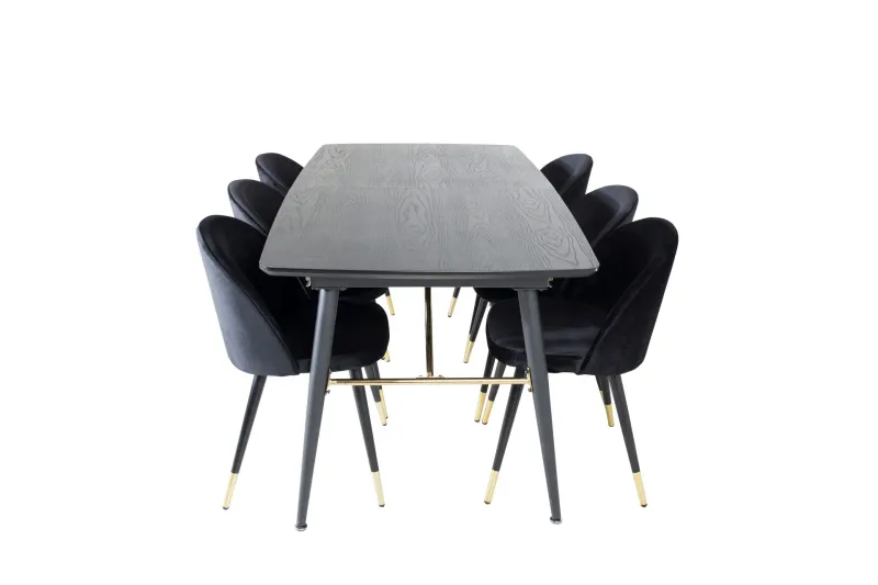 Gold Matgrupp Förlängningsbar 180-220 cm Rektangulär med 6 Velvet stolar - Svart/Guld (Art.nr 3058771) — Venture Home
