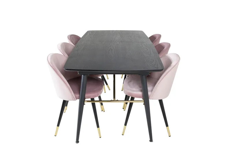 Gold Matgrupp Förlängningsbar 180-220 cm Rektangulär med 6 Velvet stolar - Svart (Art.nr 3058780) — Venture Home