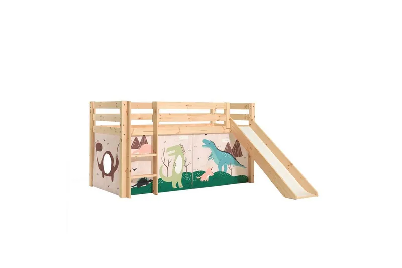 Halvhög Säng med gardin och rutschkana Pino Naturlig, Dino - Naturlig, Dino — Naturlig, Dino