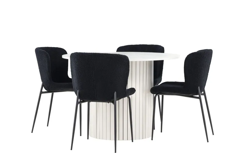 Härön Matgrupp 110 cm Rund med 4 Modesto stolar - Vit/Svart — Venture Home