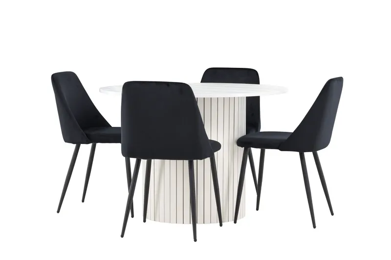 Härön Matgrupp 110 cm Rund med 4 Night stolar - Vit/Svart — Venture Home
