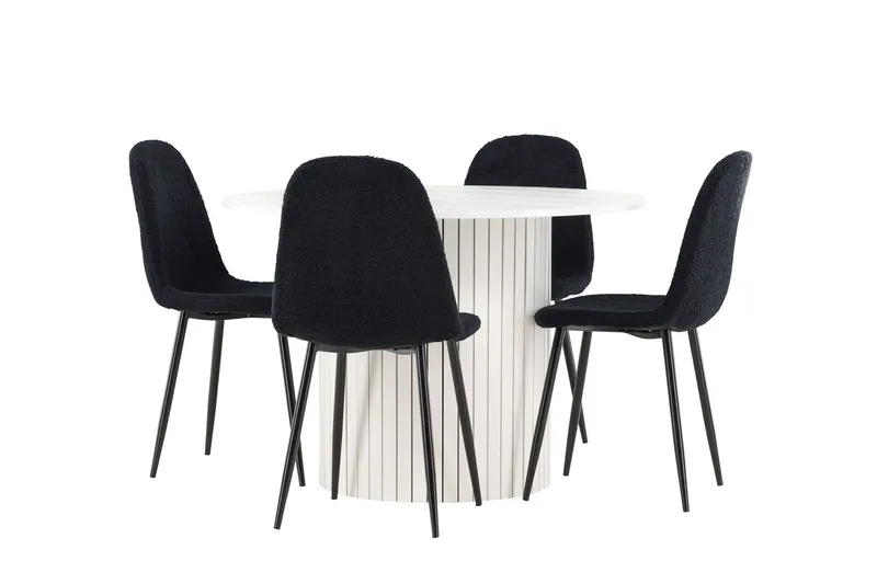 Härön Matgrupp 110 cm Rund med 4 Polar stolar - Vit/Svart — Venture Home