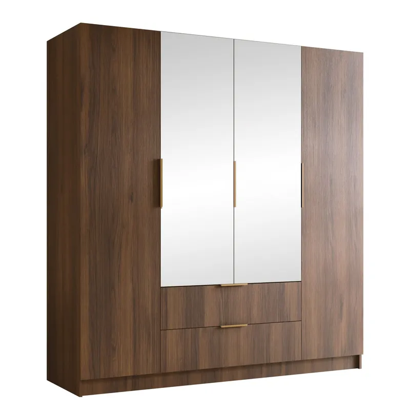Herrljunga Garderob med Spegel 200x215 cm med lådor - Brun/Guld/Spegel — Brun/Guld/Spegel
