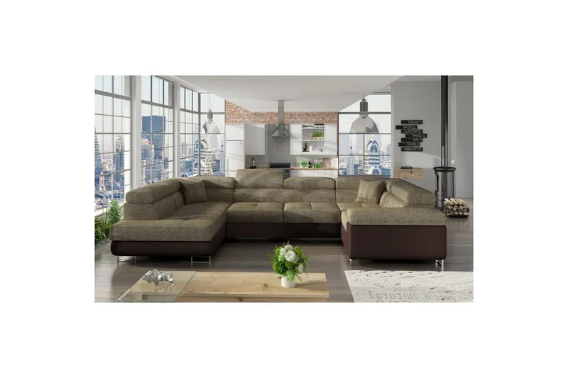 Hörnsoffa Eltap Letto 340x202x90 cm - Berlin 03, Mjuk 66, Beige, Mörkbrun, Vänster — Berlin 03, Mjuk 66, Beige, Mörkbrun, Vänster