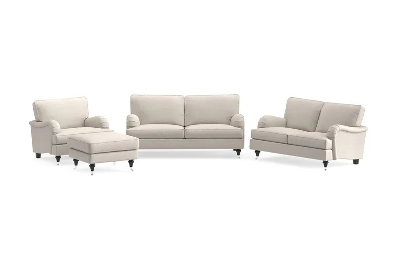 Howard Classic Soffgrupp 2-sits + Liten 2-sits Soffa + Fåtölj + Fotpall i Tyg - Beige — Bloomington