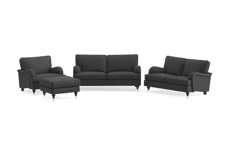 Howard Classic Soffgrupp 2-sits + Liten 2-sits Soffa + Fåtölj + Fotpall i Tyg - Mörkgrå — Bloomington