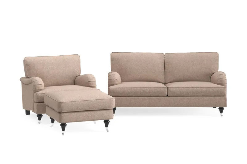 Howard Classic Soffgrupp 2-sits Soffa + Fåtölj + Fotpall i Tyg - Mörkbeige — Bloomington