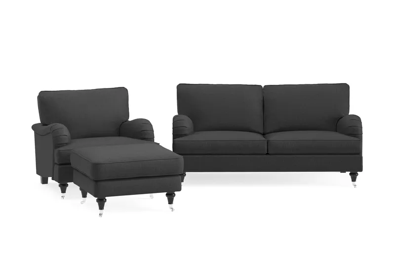 Howard Classic Soffgrupp 2-sits Soffa + Fåtölj + Fotpall i Tyg - Mörkgrå — Bloomington