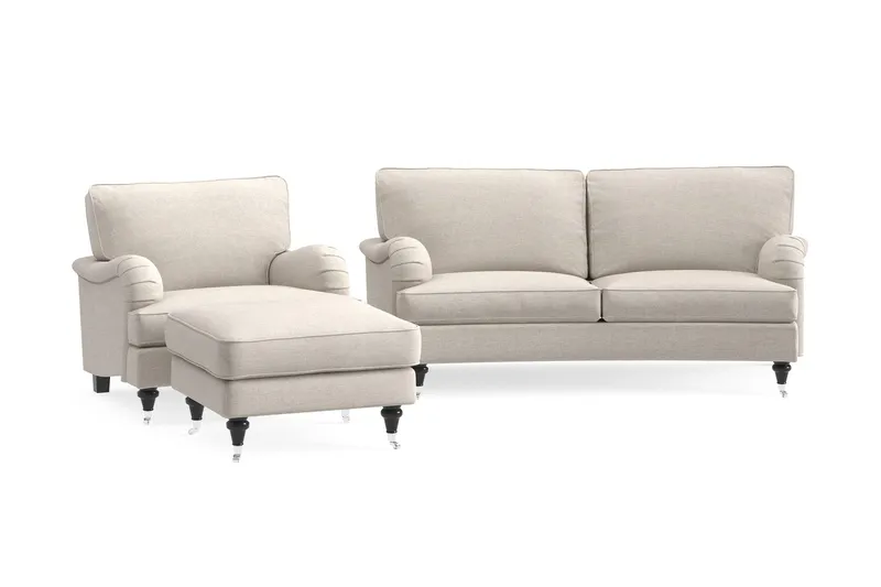 Howard Classic Soffgrupp 2-sits Svängd Soffa + Fåtölj + Fotpall i Tyg - Beige — Bloomington
