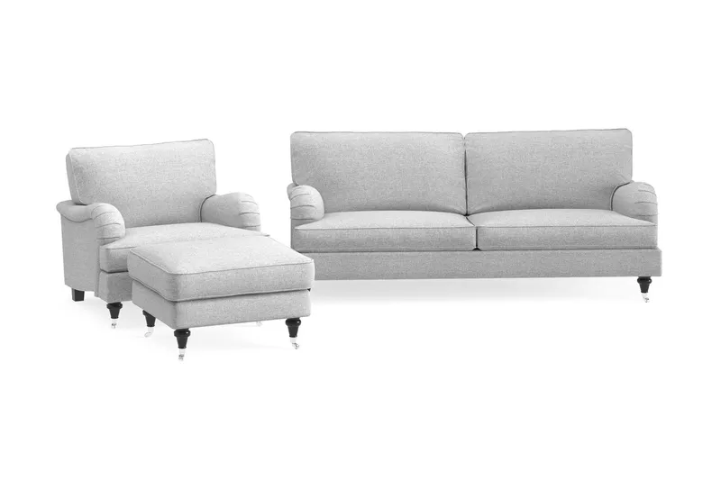 Howard Classic Soffgrupp 3-sits Soffa + Fåtölj + Fotpall i Tyg - Grå — Bloomington