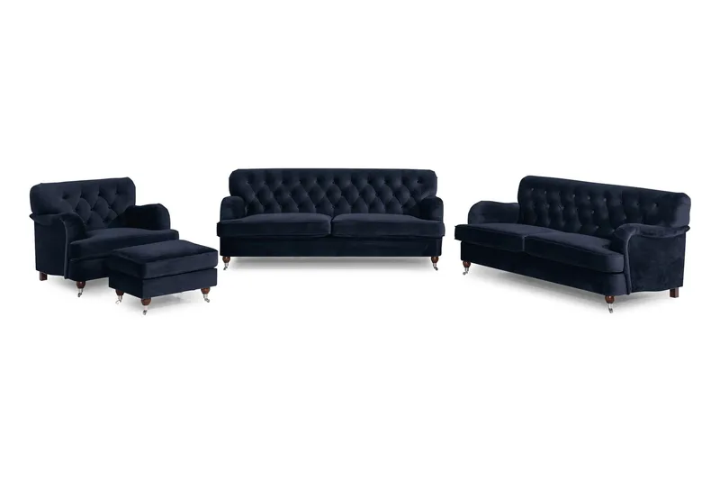 Howard Riviera Soffgrupp 3-sits + 2-sits Soffa + Fåtölj + Fotpall i Sammet - Blå — Blå