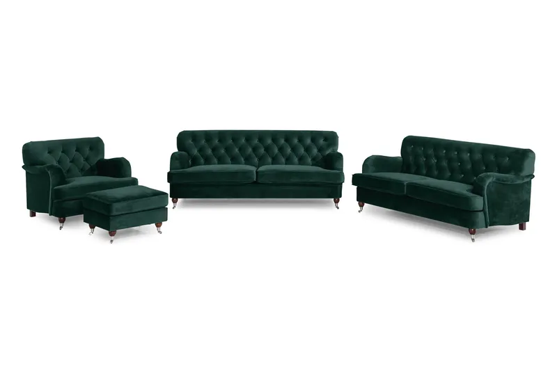 Howard Riviera Soffgrupp 3-sits + 2-sits Soffa + Fåtölj + Fotpall i Sammet - Grön — Grön