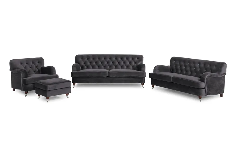 Howard Riviera Soffgrupp 3-sits + 2-sits Soffa + Fåtölj + Fotpall i Sammet - Mörkgrå — Mörkgrå