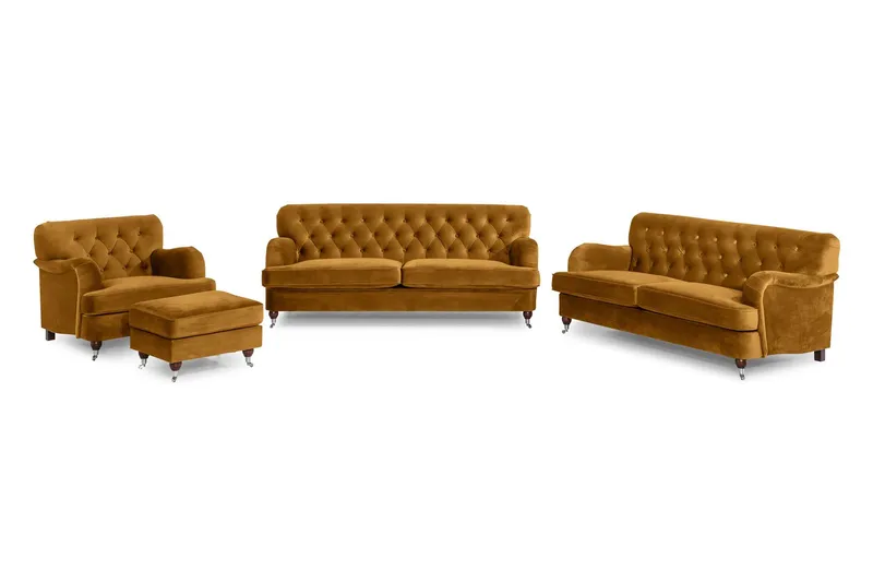 Howard Riviera Soffgrupp 3-sits + 2-sits Soffa + Fåtölj + Fotpall i Sammet - Mörkgul — Mörkgul