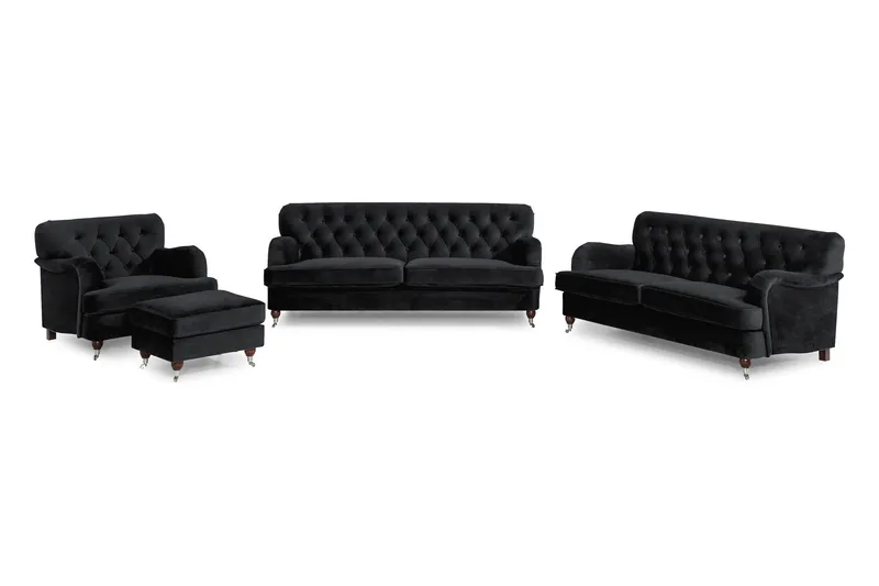 Howard Riviera Soffgrupp 3-sits + 2-sits Soffa + Fåtölj + Fotpall i Sammet - Svart — Svart
