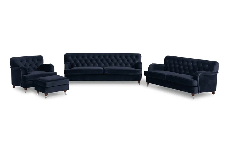 Howard Riviera Soffgrupp Svängd 3-sits + 2-sits Soffa + Fåtölj + Fotpall i Sammet - Blå — Blå
