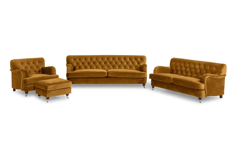 Howard Riviera Soffgrupp Svängd 3-sits + 2-sits Soffa + Fåtölj + Fotpall i Sammet - Mörkgul — Mörkgul