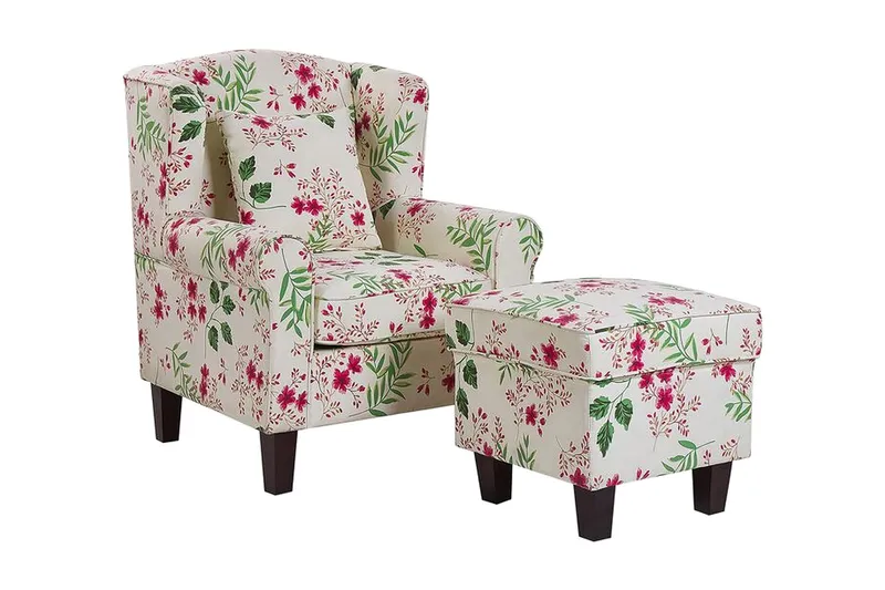 Ingeberg Fåtölj med Fotpall Blommönster - Beige — Beige