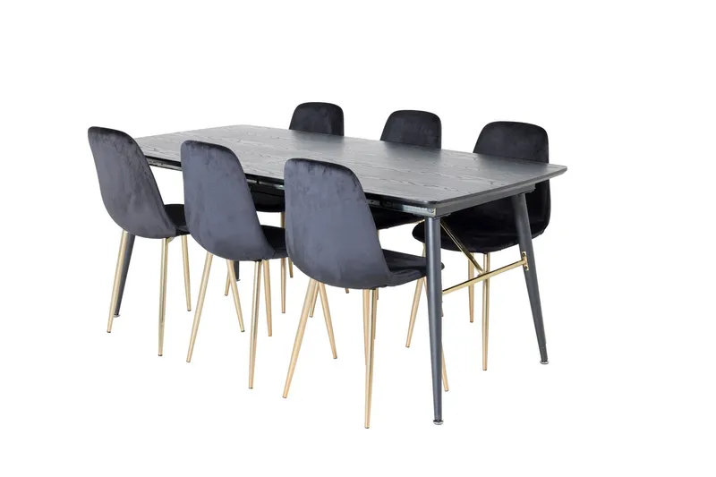Irunea Förlängningsbar Matgrupp 180 cm inkl 6 Pontus Stolar - Svart/Mässing/Sammet — Venture Home