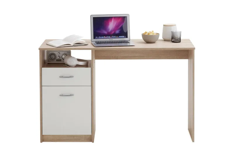 Jackson Skrivbord 123 cm med Förvaring Hylla + Låda + Skåp - Vit/Trä — Vit/Trä