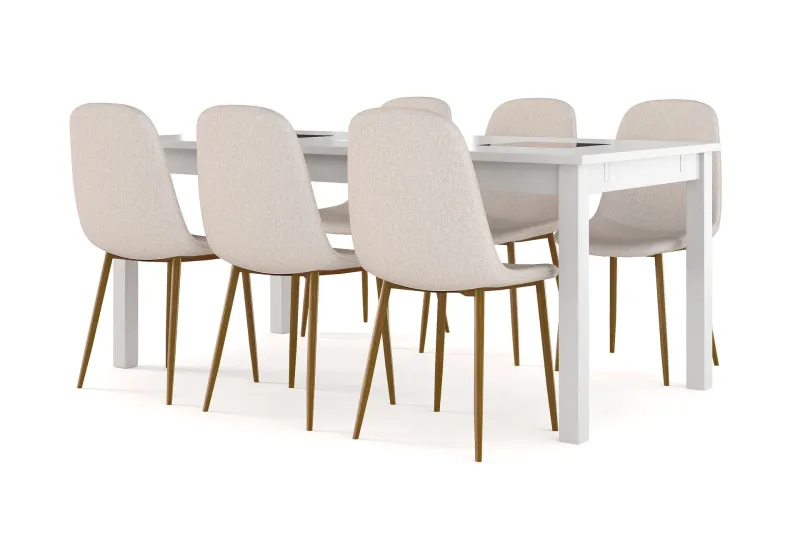 Jasmin Förlängningsbart Matbord 180 cm + 6 st Nibe stol beige med ek ben - Vit/Beige — Basic Home