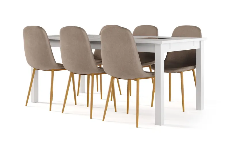 Jasmin Förlängningsbart Matbord 180 cm + 6 st Nibe stol brun med ek ben - Vit/Brun — Basic Home