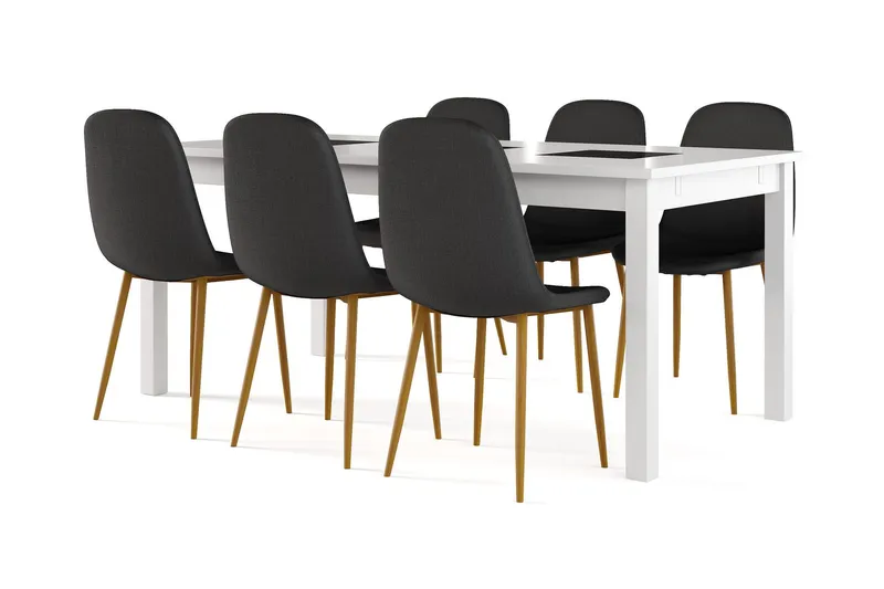 Jasmin Förlängningsbart Matbord 180 cm + 6 st Nibe stol svart med ek ben - Vit/Svart — Basic Home