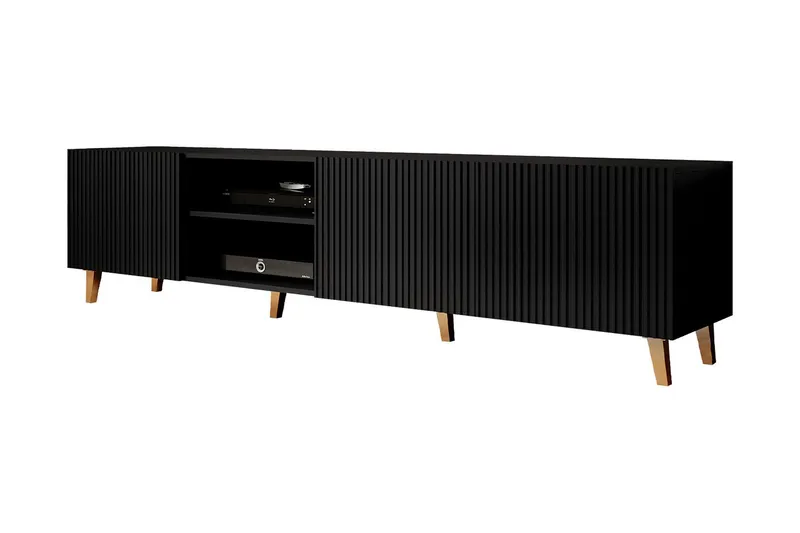 Juniskär Tv bänk med Förvaring + Hyllor 40x52x200 - Svart / Brun / Ribbad — Scandinavian Choice